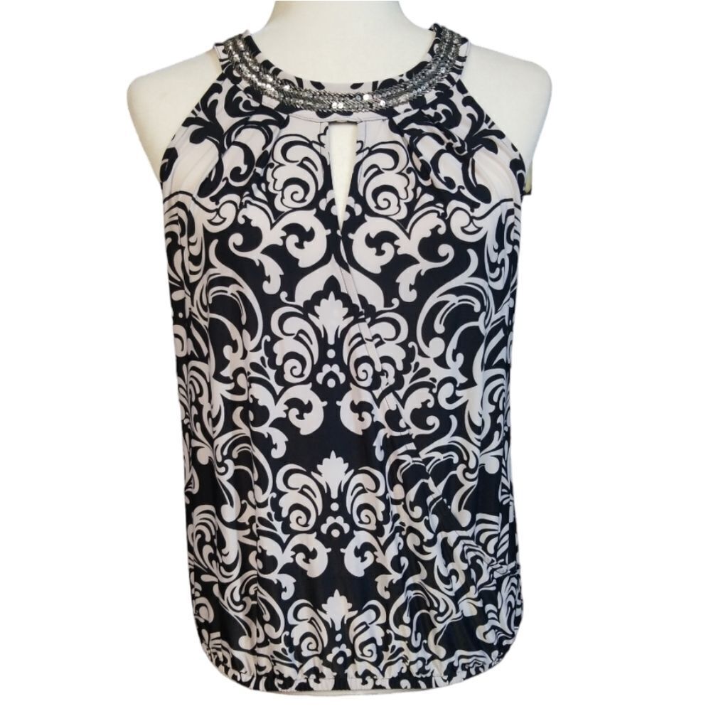 INC International Concepts Sleeveless Top Black White Embellished Neckline Small